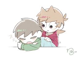  2boys antenna_hair blanket blush brown_hair closed_eyes commentary covering_with_blanket deformed drawstring drooling edd_(eddsworld) eddsworld flipped_hair green_hoodie hair_behind_ear hair_ears highres holding holding_blanket hood hood_down hoodie long_sleeves looking_at_another male_focus multiple_boys open_mouth red_eyes red_hoodie roshii_(roshi_loshi_641) short_hair signature simple_background sleeping swept_bangs tord_(eddsworld) white_background zzz 