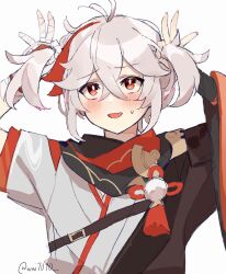  1boy absurdres alternate_hairstyle bandaged_arm bandaged_hand bandages blush bunching_hair commentary_request crossed_bangs fingerless_gloves genshin_impact gloves grey_hair hair_between_eyes highres japanese_clothes kaedehara_kazuha male_focus multicolored_hair open_mouth red_eyes red_streaks simple_background solo streaked_hair sweat twintails twitter_username upper_body wai1010 white_background wide_sleeves 