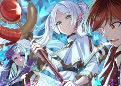  1boy 2girls commentary earrings elf fern_(sousou_no_frieren) frieren green_eyes grey_hair highres holding holding_staff ito_(ito577) jewelry long_hair looking_at_viewer mage_staff multiple_girls pointy_ears purple_hair smile sousou_no_frieren staff stark_(sousou_no_frieren) thick_eyebrows twintails untranslatable_commentary violet_eyes 