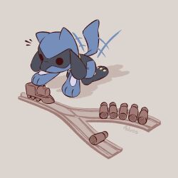  advos commentary english_commentary full_body kneeling playing pokemon pokemon_(creature) pokemon_focus riolu solid_circle_eyes tail tail_wagging toy_train trolley_problem 