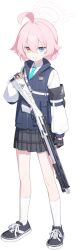  1girl 9ml ahoge angry arm_at_side armband bags_under_eyes beretta_1301 black_gloves black_shoes black_skirt blue_archive blue_eyes blue_necktie blue_vest clenched_hand clenched_teeth clothes_writing collared_shirt cross-laced_shoes fingerless_gloves full_body game_asset gloves gun_sling hair_between_eyes hair_flaps halo hand_up heterochromia highres hoshino_(blue_archive) hoshino_(first_year)_(blue_archive) large_variant_set load_bearing_vest long_sleeves looking_at_viewer miniskirt necktie official_art orange_eyes pink_hair pink_halo plaid_clothes plaid_skirt pleated_skirt pouch school_uniform shirt shoes short_hair sidelocks simple_background skirt sneakers socks solo standing sweat tachi-e teeth third-party_source transparent_background v-shaped_eyebrows variant_set vest white_shirt white_socks wide-eyed 