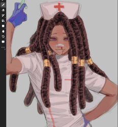  1boy bandaid bandaid_on_face bandaid_on_nose blood blue_gloves brown_hair commentary crossdressing crossdressing_(mtf) dark-skinned_male dark_skin dreadlocks emmopi english_commentary gachiakuta gloves hand_up hat highres holding holding_syringe jabber_wonger long_hair looking_at_viewer male_focus nosebleed nurse_cap parted_lips short_sleeves smile solo syringe violet_eyes 