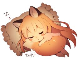  1girl animal_ears artist_name blush_stickers chibi chibi_only closed_eyes commentary dav-19 english_commentary fox_ears fox_girl fox_tail full_body hugging_own_tail hugging_tail long_hair open_mouth orange_hair original pajamas patricia_(dav-19) pillow sleeping solo tail transparent_background u_u very_long_hair zzz 
