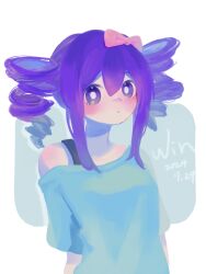  1girl alternate_hairstyle aqua_shirt aubrey_(headspace)_(omori) aubrey_(omori) blush bow bra_strap bright_pupils colored_skin double-parted_bangs hair_bow highres long_sidelocks looking_at_viewer o51515o omori pink_bow purple_hair shirt sidelocks solo violet_eyes white_skin 