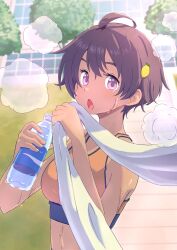  1girl absurdres ahoge armpits arms_at_sides bottle breasts brown_hair building commentary_request food-themed_hair_ornament grass hair_ornament highres hill holding holding_bottle holding_towel imzen lemon_hair_ornament looking_at_viewer make_heroine_ga_oo_sugiru! medium_breasts open_mouth orange_sports_bra short_hair solo sports_bra stairs steam steaming_body stomach sweat tan towel tree violet_eyes water_bottle yakishio_lemon 