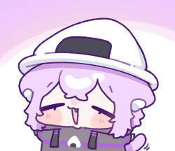  1girl :3 :d animal_ear_fluff animal_ears black_hoodie blush_stickers cat_ears cat_girl cat_tail chibi chibi_only closed_eyes commentary_request crossed_bangs double-parted_bangs drawstring fang food food-themed_hat hat hololive hood hood_down hoodie long_sleeves nekomata_okayu onigiri open_mouth purple_background purple_hair short_hair smile solo tail upper_body virtual_youtuber white_hat yananang 