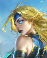  1girl artist_name bare_shoulders black_bodysuit black_lips blonde_hair blondynkitezgraja blue_eyes bodysuit breasts colored_sclera glowing glowing_eyes highres large_breasts long_hair looking_back original outdoors solo upper_body 