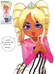  1girl :3 :d blonde_hair blue_eyes blue_eyeshadow blush commentary crown dark-skinned_female dark_skin dress drill_hair english_commentary english_text eyeshadow gyaru highres humanization jewelry long_hair long_sleeves looking_at_viewer makeup mii_(nintendo) mole mole_under_eye nail_polish necklace open_mouth own_hands_together paobebebe pink_dress pink_eyeshadow pink_nails purple_eyeshadow purple_nails reference_inset simple_background smile solo speech_bubble striped_clothes striped_dress tiara tomodachi_life tomodachi_life:_living_the_dream twin_drills twintails vertical-striped_clothes vertical-striped_dress white_background 
