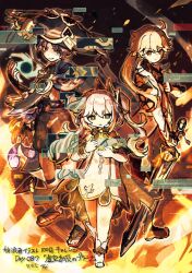  1girl 2boys aether_(as_heaven_and_earth_are_made_anew)_(genshin_impact) aether_(genshin_impact) ahoge armlet armor black_background black_bodysuit black_boots black_bow black_eyes black_hair black_pants black_sandals black_shorts blonde_hair blue_cape blue_gem blue_hat blue_jingasa blunt_ends bodysuit boots bow bracelet braid bright_pupils cape clenched_hand coat commentary_request cross-shaped_pupils detached_sleeves dress dual_persona earrings eyelashes fire full_body furrowed_brow gem genshin_impact glitch gold gold_ring green_cape green_eyes green_sleeves gurumin_(gurruguru) hair_ornament hands_up hat holding holding_sword holding_weapon japanese_armor jewelry jingasa kote kurokote leaf leaf_hair_ornament long_hair long_sleeves looking_at_viewer mandarin_collar middle_ring multiple_boys nahida_(genshin_impact) open_hand open_hands pants parted_bangs parted_lips purple_rope purple_sash rope rukkhadevata_(genshin_impact) sandals sash scaramouche_(genshin_impact) short_dress shorts side_cape side_ponytail sidelocks smirk sword symbol-shaped_pupils tassel tsurime twitter_username vortex wanderer_(genshin_impact) watermark weapon white_coat white_hair white_mouth white_pupils white_trim yellow_eyes zouri 