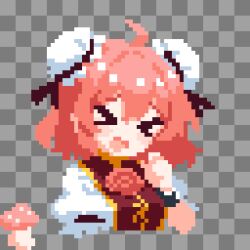  1girl bandages blush breasts bun_cover commentary cuffs double_bun flower hair_bun highres ibaraki_kasen open_mouth pink_eyes pink_hair pixel_art rose short_hair short_sleeves solo tabard takeez3 touhou untranslatable_commentary 