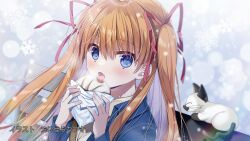  1girl anime_screenshot artist_name bench blue_eyes blue_jacket blush cat close-up copyright_name denim denim_jacket eating end_card eyes_visible_through_hair fang floating_hair food hair_between_eyes hair_ribbon hands_up highres holding holding_food jacket kaginado kanon long_hair long_sleeves looking_at_viewer non-web_source on_bench open_clothes open_jacket open_mouth orange_hair outdoors park_bench pink_ribbon piro red_ribbon ribbon sawatari_makoto sidelocks sitting skin_fang snowflakes snowing solo steamed_bun straight_hair tanihara_natsuki twintails upper_body winter 