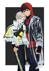  2boys arm_around_another's_waist belt black_border black_gloves black_jacket black_pants blood blood_on_face border coat fanny_pack fingerless_gloves gloves green_eyes highres hood hoodie inuzumi_shibahiko_(megechan) jacket kowata_shunki_(megechan) light_smile long_sleeves mege_(megechan) multiple_boys original outside_border pants print_hoodie red_eyes red_hoodie see-through_clothes see-through_coat see-through_sleeves short_hair simple_background sweat sweater techwear white_background white_hair white_sweater yellow_belt 