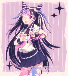  1girl asymmetrical_legwear belt black_hair black_scrunchie blue_streaks censored danganronpa_(series) danganronpa_2:_goodbye_despair dav-19 ear_piercing face_piercing gloves hair_horns heart heart_censor lip_piercing long_hair midriff_peek mioda_ibuki mismatched_legwear mouth_piercing multicolored_hair multiple_piercings navel neckerchief one_eye_closed piercing pink_eyes pink_neckerchief pink_streaks punk scar scene_fashion school_uniform scrunchie sequential_piercings serafuku solo streaked_hair striped_clothes striped_gloves thigh-highs torn_clothes torn_thighhighs very_long_hair white_streaks wrist_scrunchie 