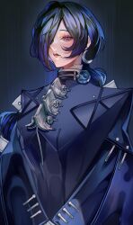  1girl absurdres blue_cloak blue_hair cloak commentary_request crescent crescent_earrings earrings hair_over_one_eye highres jewelry long_hair parted_lips promeia_(zenless_zone_zero) siiii_0s solo upper_body violet_eyes zenless_zone_zero 