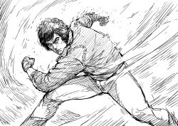  1boy absurdres black_eyes black_hair chain cirenk commentary curly_hair greyscale henshin_pose highres ichijouji_retsu jacket long_sleeves looking_at_viewer male_focus metal_hero monochrome motion_lines ohba_kenji pants serious short_hair solo speed_lines thick_eyebrows uchuu_keiji_gavan white_background 