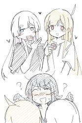 3girls ? ah_lang_(user_wgfm8753) ahoge blonde_hair blush chinese_commentary cho_kaguya-hime! commentary_request condom condom_wrapper cropped_torso heart holding holding_condom implied_futanari kaguya_(cho_kaguya-hime!) long_hair medium_hair mouth_hold multicolored_hair multiple_girls partially_colored pink_hair runami_yachiyo sakayori_iroha short_sleeves simple_background sketch sweat two-tone_hair upper_body white_background white_hair yuri 