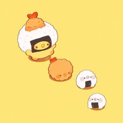  baby_animal bird blush_stickers chick commentary_request food food_focus kimipiyo_(tenmiyakiyo) no_humans onigiri original shrimp shrimp_tempura simple_background solid_circle_eyes tempura tenmiyakiyo yellow_background 