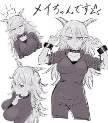  1girl alien_headbutt black_shirt broken_handcuffs commentary_request cuffs double_v goat_horns greyscale handcuffs highres horns humanization little_mei long_hair looking_at_viewer minorun9 monochrome shirt simple_background sketch solo standing translation_request v white_background 
