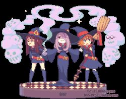  >_< 3girls animated animated_gif belt black_dress black_hat black_thighhighs bottle broom brown_hair clouds commentary dav-19 dress english_commentary full_body grin hair_over_one_eye hat holding holding_bottle holding_broom kagari_atsuko little_witch_academia long_hair looping_animation lotte_jansson lowres magic multiple_girls nervous orange_hair pixel_art potion purple_hair red_belt short_hair skull smile smoke sparkle standing sucy_manbavaran thigh-highs tongue tongue_out transparent_background web_address witch witch_hat 