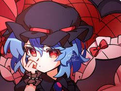  1girl alternate_color bat_wings black_hat black_shirt black_wrist_cuffs blue_hair brooch collared_shirt commentary_request frilled_shirt_collar frills hair_between_eyes hat highres illust_atelier3 jewelry mob_cap one-hour_drawing_challenge portrait red_eyes remilia_scarlet remilia_scarlet_(tiny_devil_mistress) shirt signature solo touhou touhou_lostword wings wrist_cuffs 