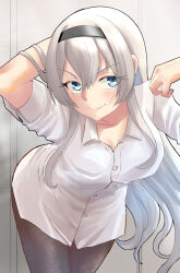  1girl alternate_costume between_breasts black_hairband black_pants breasts collared_shirt commentary_request dress_shirt glorious_(kancolle) grey_hair hair_down hairband highres kantai_collection leaning_forward medium_breasts nekotarou_(nktr299) pants shirt solo white_shirt 