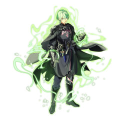  1boy absurdres armor black_armor black_boots black_cape black_gloves black_gorget black_pants boots cape closed_mouth corruption dagger fire_emblem fire_emblem:_three_houses fire_emblem_heroes full_body gloves gorget green_aura green_eyes green_hair hair_between_eyes highres knife long_sleeves male_byleth_(awakened)_(fire_emblem) male_byleth_(fire_emblem) male_focus official_alternate_costume official_alternate_eye_color official_alternate_hair_color official_art pants second-party_source sheath sheathed short_hair simple_background weapon 