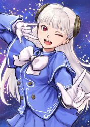  1girl ;d \m/ absurdres arm_up blue_skirt blunt_bangs bow buttons capcom_fighting_jam commentary cowboy_shot double-breasted double_\m/ floating_hair g9_(jiiku) gloves hairpods highres ingrid_(capcom) layered_sleeves long_hair long_sleeves one_eye_closed open_mouth pleated_skirt red_eyes skirt smile solo space star_(sky) street_fighter street_fighter_6 white_bow white_gloves white_hair 