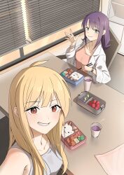  2girls absurdres aged_up ahoge bell_(akzkfhd45) bento black_hair blonde_hair blush cho_kaguya-hime! chopsticks commentary_request food food_art from_above fushi_(cho_kaguya-hime!) green_eyes highres holding holding_chopsticks kaguya_(cho_kaguya-hime!) kyaraben long_hair looking_up meat mole mole_under_eye multiple_girls omelet open_mouth rice sakayori_iroha selfie shirt smile tamagoyaki yuri 