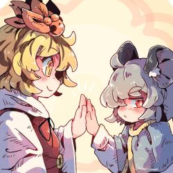  2girls animal_ears averting_eyes black_streaks blonde_hair blue_capelet blush capelet closed_mouth commentary_request from_side grey_hair hair_ornament hand_on_another's_hand long_sleeves mame_komari mouse_ears mouse_girl multicolored_hair multiple_girls nazrin pout red_eyes short_hair smile streaked_hair toramaru_shou touhou twitter_username upper_body yellow_background yellow_eyes 
