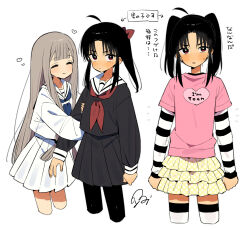  1boy 1girl ahoge arm_hug black_hair black_serafuku black_skirt blue_neckerchief blush bow closed_eyes commentary_request cropped_legs crossdressing crossdressing_(mtf) grey_hair hair_bow heart hetero layered_skirt layered_sleeves long_hair long_sleeves moyori neckerchief original pantyhose parted_bangs pink_shirt pleated_skirt ponytail print_shirt red_eyes red_neckerchief school_uniform serafuku shirt short_over_long_sleeves short_sleeves signature simple_background skirt smile striped_clothes striped_sleeves striped_thighhighs sweatdrop t-shirt thigh-highs trap twintails white_background white_serafuku white_skirt yellow_skirt zettai_ryouiki 