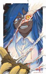  1girl animal bear_claws blood blood_drip blue_eyes blue_hair border brown_fur claw_(weapon) collared_shirt colored_eyebrows commentary dark-skinned_female dark_skin facial_mark facial_tattoo fangs feather_hair_ornament feathers forehead_mark forehead_tattoo hair_ornament highres limbus_company long_hair looking_at_viewer momoatls outside_border project_moon rufo_(project_moon) shirt smile solo stitches suit tattoo torn_paper twitter_username untranslatable_commentary upper_body weapon white_border white_fur white_shirt white_suit wolf yellow_claws yellow_eyes 