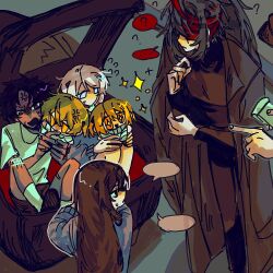  +_+ ... 1other 2girls 4boys ? age_difference aged_down alternate_costume anger_vein bandage_over_one_eye black_coat black_eyes black_hair black_pants black_shirt black_shoes black_shorts blonde_hair blue_eyes brown_hair car car_trunk chibi child chinese_commentary coat coat_on_shoulders commentary covered_eyes dark-skinned_male dark_skin don_quixote_(project_moon) faust_(project_moon) feet_out_of_frame flying_sweatdrops full_body gauze_on_knee green_shirt green_socks green_sweater grey_sweater heathcliff_(project_moon) heishou_pack-mao_branch_(identity)_(project_moon) heishou_pack-wei_branch_(identity)_(project_moon) heishou_pack-wu_branch_(identity)_(project_moon) heishou_pack-you_branch_(identity)_(project_moon) high_ponytail highres holding holding_mini_person holding_notepad hong_lu_(project_moon) hongyuan_(identity)_(project_moon) in_trunk knees_up limbus_company long_hair long_sleeves looking_at_another looking_to_the_side mini_person miniboy minigirl motor_vehicle multiple_boys multiple_girls no_mouth notepad orange_eyes out_of_frame padpericaa pants parted_bangs peter_pan_collar pointing ponytail project_moon red_bandage shirt shoes shorts sinclair_(project_moon) sitting socks sparkle speech_bubble spoken_ellipsis spoken_question_mark standing sweatdrop sweater turtleneck turtleneck_shirt very_long_hair violet_eyes yellow_eyes yi_sang_(project_moon) 
