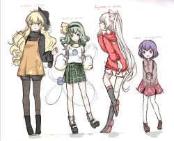  4girls adapted_costume alternate_costume apron black_boots black_choker black_dress black_hair black_hairband black_hat black_pantyhose black_shoes black_shorts blonde_hair boots bow brown_shoes character_doll character_name choker closed_mouth clothing_request commentary_request disembodied_linked_eye doll dress english_text fujiwara_no_mokou green_bow green_eyes green_skirt hair_between_eyes hairband hat highres holding holding_doll kijin_seija komeiji_koishi long_hair long_sleeves makihako_bunko mary_janes matara_okina multiple_girls open_mouth orange_apron pantyhose plaid_clothes plaid_skirt purple_shirt purple_skirt red_eyes red_sweater shirt shoes short_hair shorts skirt small_horns socks sukuna_shinmyoumaru sweater touhou very_long_hair white_hair white_shirt white_skirt white_socks yellow_bow yellow_eyes 