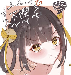  1girl absurdres black_hair blush close-up commentary_request heaven_burns_red highres li_yingxia myth_saka pout short_hair squiggle swirl tears twitter_username yellow_eyes 