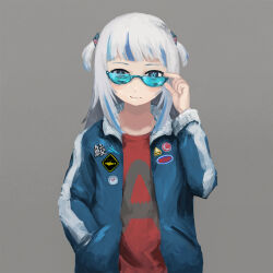  1girl adjusting_eyewear blue-tinted_eyewear blue_eyes blue_hair blue_jacket commentary_request gawr_gura grey_background hand_in_pocket hololive hololive_english jacket multicolored_hair plusma red_shirt shirt smile solo streaked_hair sunglasses tinted_eyewear two_side_up upper_body virtual_youtuber white_hair 