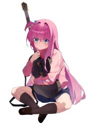  1girl black_shoes blue_eyes blue_skirt blush bocchi_the_rock! brown_socks chinese_commentary closed_mouth commentary_request full_body gotoh_hitori hair_between_eyes highres hugging_object indian_style jacket long_hair long_sleeves looking_at_viewer pink_hair pink_jacket shoes simple_background sitting skirt socks solo white_background zhileng_zhil 