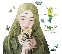  16personalities 1girl 7hrang aegyo_sal aqua_butterfly braid bug butterfly copyright_name dress english_text fingernails flower green_butterfly green_dress green_eyes green_hair highres holding holding_flower light_blush lips long_hair looking_at_viewer mediator_(16personalities) myers-briggs_type_indicator official_art_inset parted_bangs portrait reference_inset side_braid single_braid smile solo third-party_source twitter_username yellow_flower 