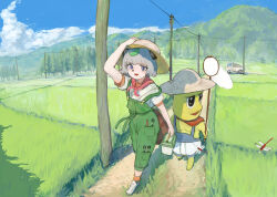  1boy 1girl :d absurdres animal_ears ashiyama_yoshinori blue_eyes blunt_bangs brown_hat bug butterfly_net commentary_request day dragonfly full_body grass green_overalls grey_hair hand_net hand_on_headwear hat highres holding holding_butterfly_net leaf leaf_on_head mode_aim neckerchief open_mouth outdoors overalls peanuts-kun ponpoko_(vtuber) power_lines raccoon_ears raccoon_girl raccoon_tail red_neckerchief shirt short_hair short_sleeves smile standing tail white_shirt 