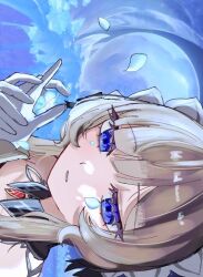  1girl bare_shoulders black_collar blue_eyes blue_flower bonnet brown_hair collar commentary_request detached_collar flower gem genshin_impact gloves hair_ornament hi_suix2 holding holding_flower portrait red_gem sandrone_(genshin_impact) short_hair_with_long_locks solo white_gloves white_headdress 