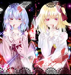  2girls alternate_costume bat_wings blonde_hair blood blood_on_face blue_hair bow closed_mouth commentary_request crystal_wings dress flandre_scarlet floral_print flower frilled_shirt_collar frills hand_on_own_chest highres ibispaint_(medium) long_hair long_sleeves marimohu_starry medium_hair multiple_girls open_mouth pink_dress purple_bow red_bow red_eyes red_flower red_rose red_skirt remilia_scarlet rose sash shards shirt side_ponytail skirt sleeves_past_wrists touhou white_shirt wings yellow_bow yellow_sash 
