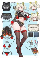  1girl burnice_white character_sheet costume_switch diary fireworks flame_print lighter medium_hair underwear weapon_switch zenless_zone_zero zippo_lighter 