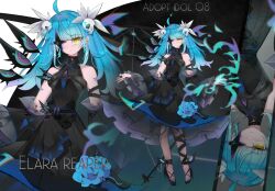  1girl ahoge bandage_on_leg bare_shoulders black_armlet black_bandages black_choker black_dress black_shoes black_sleeves blue_dress blue_hair blue_pupils blunt_bangs breasts character_name choker collared_dress detached_sleeves dress earrings eyepatch fishnet_thighhighs fishnets flower frilled_dress frilled_sleeves frills frown hair_flower hair_ornament head_tilt high_heels highres jewelry kuntou_art long_hair looking_at_viewer open_hands original shoes sidelocks skull_hair_ornament small_breasts solo standing star_(symbol) star_earrings star_eyepatch thigh-highs tsurime twintails white_flower wide_sleeves yellow_eyes zoom_layer 