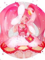 1girl animal_ears border bow bubble_skirt cake_hair_ornament choker commentary_request cure_whip dress earrings food food-themed_hair_ornament fruit gloves hair_ornament hands_up highres holding_own_ears jewelry kirakira_precure_a_la_mode long_hair looking_at_viewer lop_rabbit_ears magical_girl open_mouth pink_bow pink_choker pink_dress pink_eyes pink_hair pom_pom_(clothes) pom_pom_earrings precure rabbit_ears skirt solo star_(symbol) strawberry twintails usami_ichika very_long_hair white_border white_gloves yukiumisaka 