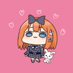  1girl :3 akino_ell belt belt_buckle black_belt black_boots black_bow black_shirt black_skirt blue_eyes boots bow buckle chibi closed_mouth clothing_cutout commentary_request fishnet_pantyhose fishnets go-toubun_no_hanayome hair_bow hair_ornament heart holding holding_stuffed_toy lace-up_boots long_sleeves nakano_yotsuba orange_hair pantyhose pink_background pleated_skirt rabbit_hair_ornament shirt shoulder_cutout simple_background skirt solo stuffed_animal stuffed_rabbit stuffed_toy x_mouth 
