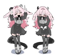  1girl ^_^ absurdres aduyaiii aiobahn animal_ears apron arms_up asymmetrical_horns backward-facing_horns bell bell_bow black_apron black_bow black_bowtie black_eyes black_mouth black_saliva black_thighhighs bow bowtie breasts closed_eyes colored_saliva commentary_request creator_connection cross dancing femme_soule fingernail_gloves gloves goat_ears goat_horns heterochromia highres horns internet_yamero inverted_cross long_hair long_sleeves mismatched_horns neck_bell open_mouth pink_eyes pink_hair pointing pointing_down pointing_up pukey_goddess_shot_trick shirt smile snake_tail tail thigh-highs white_gloves 