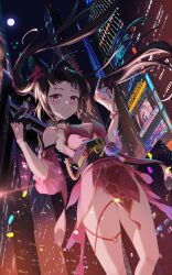  1girl absurdres bare_shoulders bell black_choker black_gloves black_hair black_sash blush breasts building choker circle_facial_mark city_lights commentary dress facial_mark fingernails floating_hair flower_tattoo fox_mask from_below full_moon gloves gun highres holding holding_gun holding_mask holding_weapon honkai:_star_rail honkai_(series) japanese_clothes long_hair looking_at_viewer mark_under_both_eyes mask moon nail_polish neck_bell night nirvana_(gkswls9802) outdoors pink_eyes red_dress red_nails red_sleeves sash single_glove smile solo sparkle_(honkai:_star_rail) tattoo twintails untranslatable_commentary unworn_mask weapon 