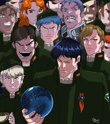  alex_cazellnu bernhard_von_schneider blonde_hair blue_eyes blue_hair brown_eyes brown_hair coffee_mug commentary cup dusty_attenborough edwin_fischer english_commentary frederica_greenhill free_planets_alliance fyodor_patorichev ginga_eiyuu_densetsu green_hat green_jacket grey_jacket hat highres holding invincible_(series) iserlohn_fortress jacket julian_mintz katerose_von_kreutzer meme military_hat military_rank_insignia military_uniform mug multiple_boys murai oliver_poplan orange_hair short_hair siriusdibujotos viltrumite_group_shot_(meme) walter_von_schenkopp white_hair willibald_joachim_von_merkatz yang_wen-li 