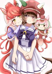  2girls animal_ears blush bow bowtie breasts brown_hair closed_mouth commentary ear_covers ears_through_headwear facial_mark hair_between_eyes hand_puppet hat heart heart_facial_mark heart_on_cheek highres horse_ears horse_girl horse_tail hug hug_from_behind large_breasts long_hair loves_only_you_(umamusume) marche_lorraine_(umamusume) mismatched_ear_covers mmntmr_x multicolored_hair multiple_girls pleated_skirt puffy_short_sleeves puffy_sleeves puppet purple_bow purple_bowtie purple_shirt red_hair sailor_collar sailor_shirt school_uniform shirt short_hair short_sleeves simple_background skirt smile tail tracen_school_uniform umamusume untranslatable_commentary violet_eyes white_background white_sailor_collar white_skirt yellow_eyes 