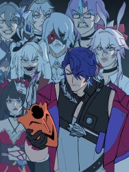  2boys 6+girls animal_ears ascot bell belt black_background blunt_bangs bow brown_hair choker cipher_(honkai:_star_rail) closed_eyes clothing_cutout collared_shirt curtained_hair evanescia_(honkai:_star_rail) fox_ears giovanni_(honkai:_star_rail) glasses gloves grin hair_between_eyes hair_bow hat highres holding holding_mask honkai:_star_rail honkai_(series) honkai_impact_3rd hood invincible_(series) jacket looking_at_viewer mask masked medium_hair meme multicolored_hair multiple_boys multiple_girls neck_bell obi open_clothes open_jacket peacock_feathers_hair_ornament pink_eyes pink_hair poopoupou pose_imitation purple_hair sampo_koski sash shirt short_hair sidelocks smile sparkle_(honkai:_star_rail) sparxie_(honkai:_star_rail) strap streaked_hair teeth twintails v-shaped_eyebrows viltrumite_group_shot_(meme) violet_eyes vita_(honkai_impact) vita_(lone_planetfarer)_(honkai_impact) white_hair zhongshan_(honkai:_star_rail) 