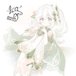  1girl bare_shoulders blush bracelet chame_(myyo04) commentary_request dated detached_sleeves dress feet_out_of_frame four-finger_heart_hands genshin_impact gold_trim gradient_hair green_eyes green_hair green_sleeves hair_between_eyes hair_ornament hands_up heart heart_hands jewelry leaf_hair_ornament long_hair looking_at_viewer multicolored_hair nahida_(genshin_impact) pointy_ears side_ponytail signature sleeveless sleeveless_dress smile solo symbol-shaped_pupils twitter_username white_background white_dress white_hair 